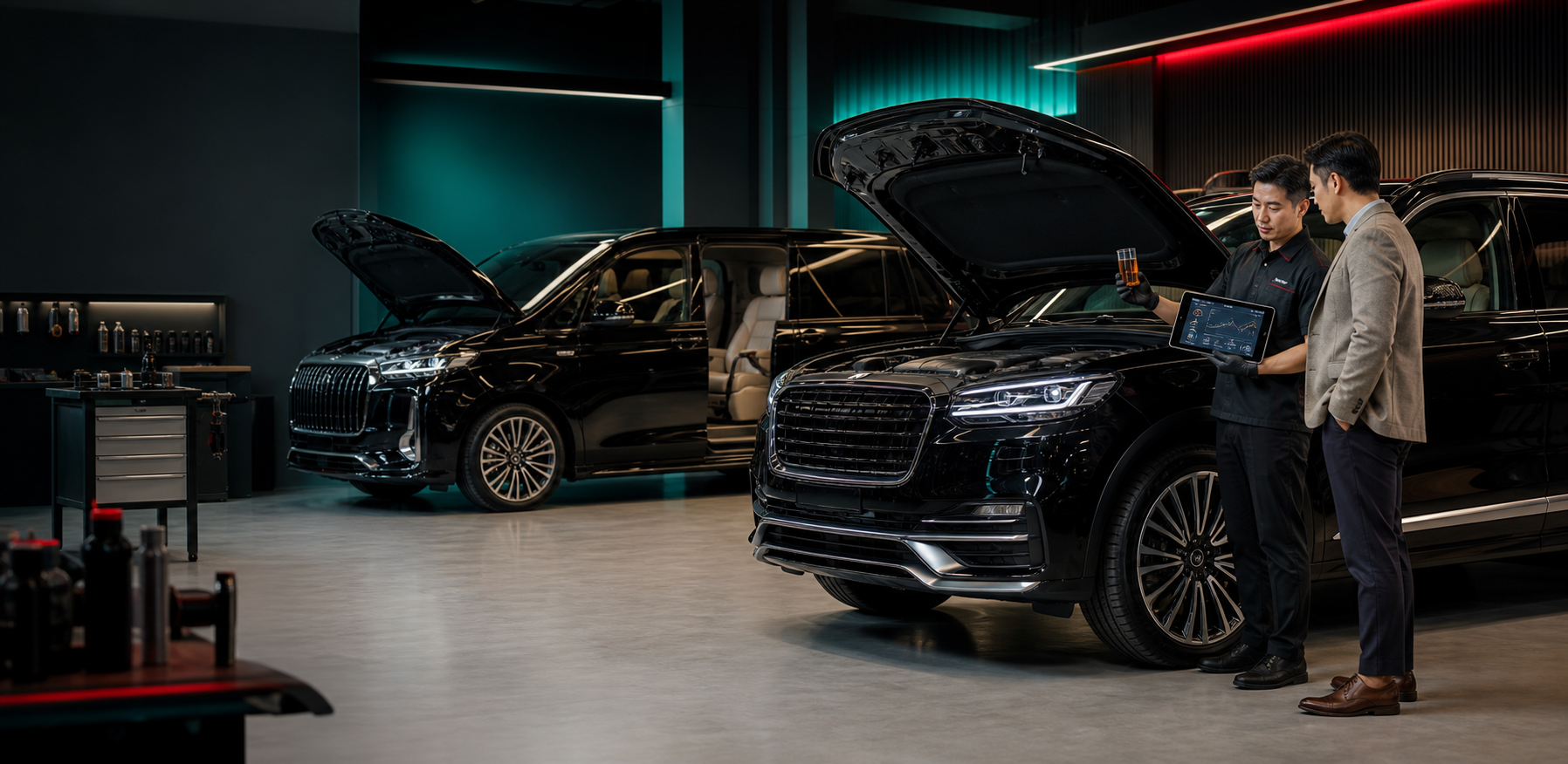 Automotive professional discussing engine performance with a customer beside vehicles in a modern workshop